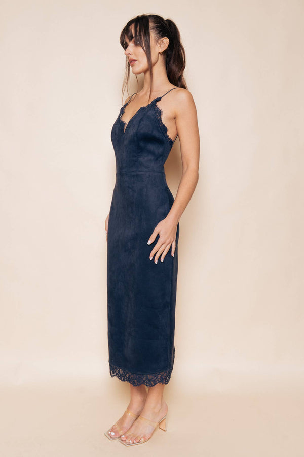 Navy Lace Trim Suede Bodycon Midi Dress