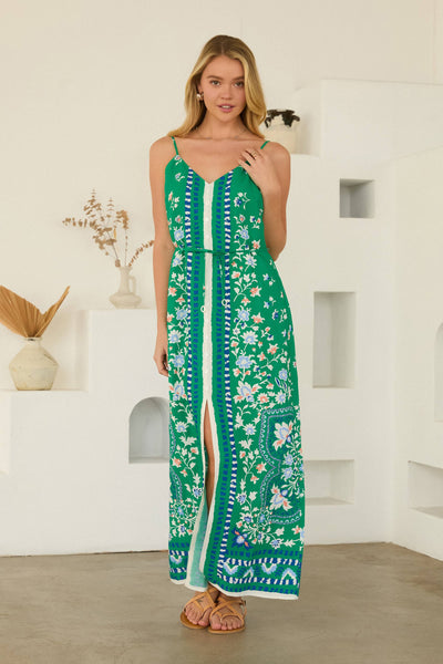 Floral Border Button-Front Maxi Dress